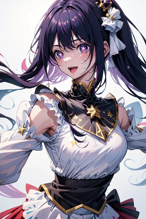 (((masterpiece))), AiHoshino, 1girl, solo, long hair, looking at viewer, blush, smile, open mouth, skirt, shirt, black hair, hair ornament, gloves, long sleeves, white background, dress, bow, bare shoulders, blue hair, purple eyes, white shirt, :d, hair bow, detached sleeves, black gloves, puffy sleeves, star (symbol), symbol-shaped pupils, crown, star hair ornament, mini crown, <lora:AiHoshino-05:0.6>