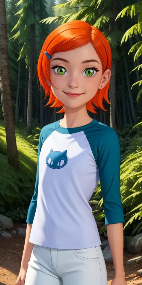 gwenclassic, 1girl, solo, green eyes, orange hair, short hair, hairclip, 
shirt, raglan sleeves, white pants, 
cute,smile,closed mouth,cowboy shot,upper body,
forest,outdoor,
(insanely detailed, beautiful detailed face, masterpiece, best quality) cinematic lighting,<lora:gwenclassic-10:0.7>, <lora:more_details:0.3>,