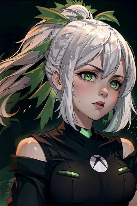 highly detailed face,<lora:consolechan_xbox:1> xbox-chan,ponytail,green hair ribbon,vivid background,