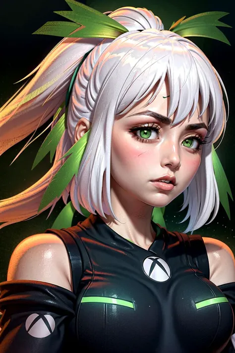 highly detailed face,<lora:consolechan_xbox:1> xbox-chan,ponytail,green hair ribbon,vivid background,