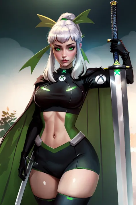 Highly detailed, High Quality, Masterpiece, beautiful, <lora:UnlimitedBladeWorksV0.3:0.8>, (Planted Sword on Hand:1.2), 1girl, solo, xbox-chan, ponytail, green hair ribbon, clothing cutout, stomach cutout, cape, thighhighs, gloves, <lora:Char_Meme_Xboxchan:0.9>, (detailed face and eyes:1.3)