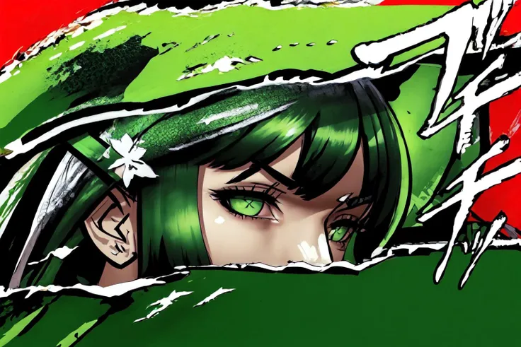 Highly detailed, High Quality, Masterpiece, beautiful, xbox-chan, ponytail, green hair ribbon, <lora:Char_Meme_Xboxchan:0.9>, Persona Cut In, <lora:Style_PersonaCutIn:1>
