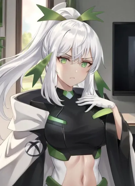 ((best quality)), ((highly detailed)), masterpiece, (detailed eyes, deep eyes), (1girl), upper body, <lora:xboxchan:1>, xbox-chan, white hair, ponytail, hair ribbon, green eyes, clothing cutout, stomach cutout, cape, thighhighs, gloves, inside, in a living room, couch, TV