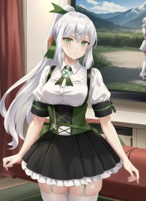 ((best quality)), ((highly detailed)), masterpiece, (detailed eyes, deep eyes), (1girl), cowboy shot, <lora:xboxchan:.9>, xbox-chan, white hair, ponytail, hair ribbon, green eyes, collared shirt, underbust, puffy short sleeves, suspenders, miniskirt, thighhighs, inside, in a living room, couch, TV