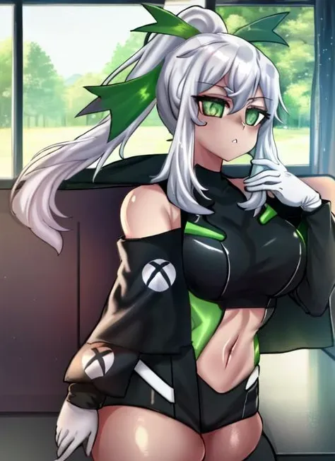 ((best quality)), ((highly detailed)), masterpiece, detailed face, beautiful face, (detailed eyes, deep eyes), (1girl), upper body, <lora:xboxchan:.9>, xbox-chan, white hair, ponytail, hair ribbon, green eyes, clothing cutout, stomach cutout, cape, thighhighs, gloves, inside, in a living room, couch, TV, <lora:Osiimi:1.2>