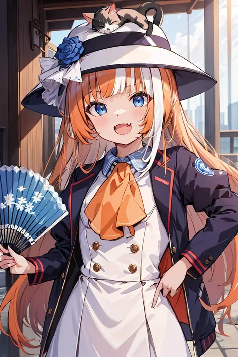 (absurdres:1.30), highres, ultra detailed, <akikawa_yayoi_v1:0.65> akikawa_yayoi, blue eyes, long hair, orange hair, white hair, two-tone hair, multicolored hair, BREAK, hat flower, white headwear, cat on head, dress, white dress, long sleeves, puffy sleeves, blue jacket, open jacket, ascot, socks, blue footwear, buttons, skin fang, upper body, open mouth, folding fan