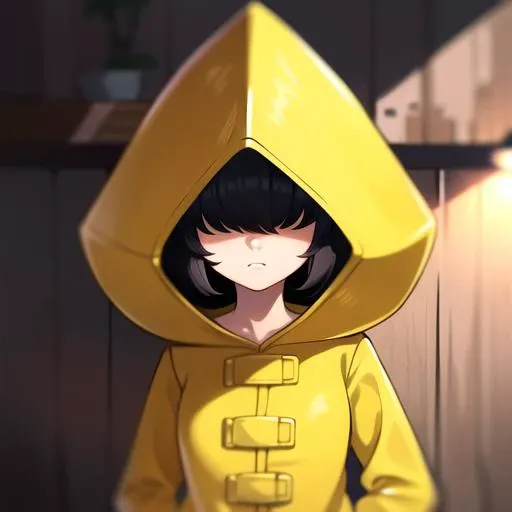 (8k) (high res) (best quality) (masterpiece) 1girl, six, raincoat, yellow raincoat, hair over eyes, black hair, hood,