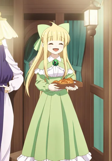 <lora:Fleuret_Mina:0.8>, Fleuret_Mina, 1girl, solo, smile, open mouth, long sleeves, dress, bow, holding, jewelry, closed eyes, :d, food, indoors, window, ^_^, chair, curtains, brooch, facing viewer, tray, green dress, lamp, holding tray, bread