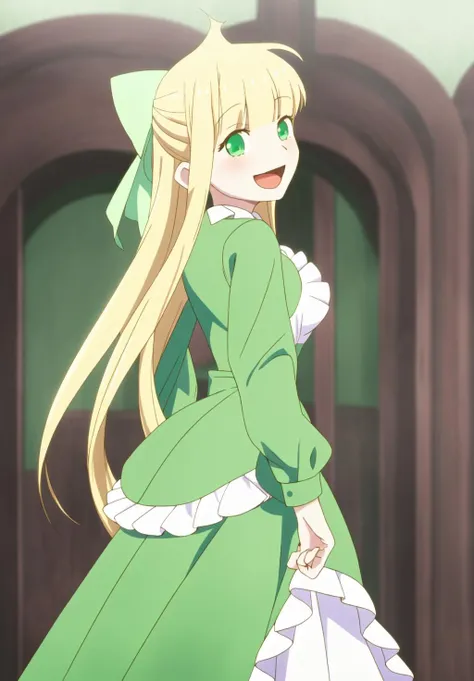 <lora:Fleuret_Mina:0.8>, Fleuret_Mina, 1girl, solo, looking at viewer, smile, open mouth, long sleeves, dress, bow, very long hair, :d, frills, from behind, looking back, green bow, green dress