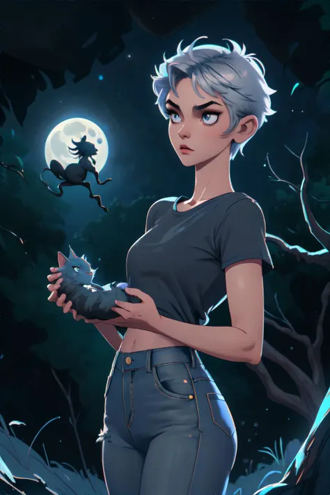 <lora:tomboy:1.0> tomboy woman, t-shirt, jeans, short hair, moonshadow grove, silver moonlight, elusive creatures, ethereal sanctuary, masterpiece, 8k, high resolution, shallow depth of field, sharp focus
