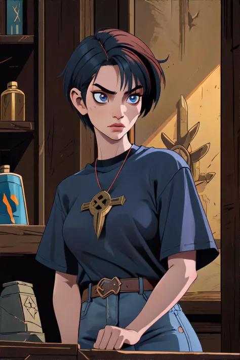 <lora:tomboy:1.0> tomboy woman, t-shirt, jeans, short hair, witch hunter's guild, headquarters, secret meetings, ancient artifacts, pursuit of dark magic, masterpiece, 8k, high resolution, shallow depth of field, sharp focus