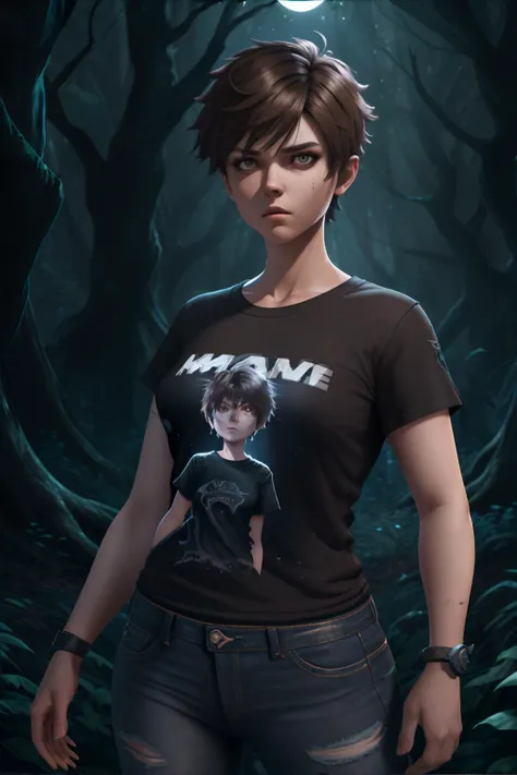 <lora:tomboy:1.0> tomboy woman, t-shirt, jeans, short ash brown hair, shadowheart vale, haunting shadows, moonlit glades, domain of shadow creatures, masterpiece, 8k, high resolution, shallow depth of field, sharp focus
