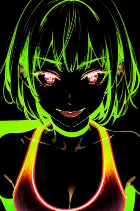 1girl,solo,(tomboy:1.2),upper body,
black hair,(very short hair, long sidelocks:1.2),
red eyes,looking at viewer,full-length portrait,
smile,closed mouth,
black bra,cleavage,sleeveless,bare shoulders,
choker,
neon background,simple background,
<lora:Tomboy:1>,ultra high res,visually stunning,incredible details,(dark art:1.1),deep shadow,(dark theme:1.2),<lora:n3on - Style2>,(((n3on))),(((neon))),