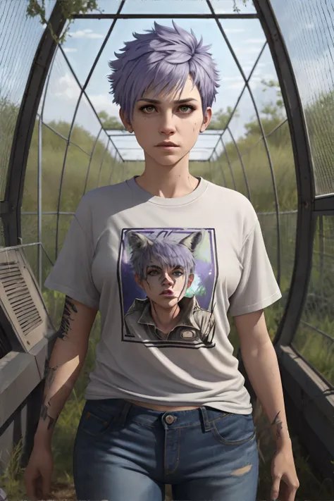 <lora:tomboy:1.0> tomboy woman, t-shirt, jeans, short lavender hair, feral wildlife preserve, overgrown enclosures, dangerous beasts, untamed nature, masterpiece, 8k, high resolution, shallow depth of field, sharp focus