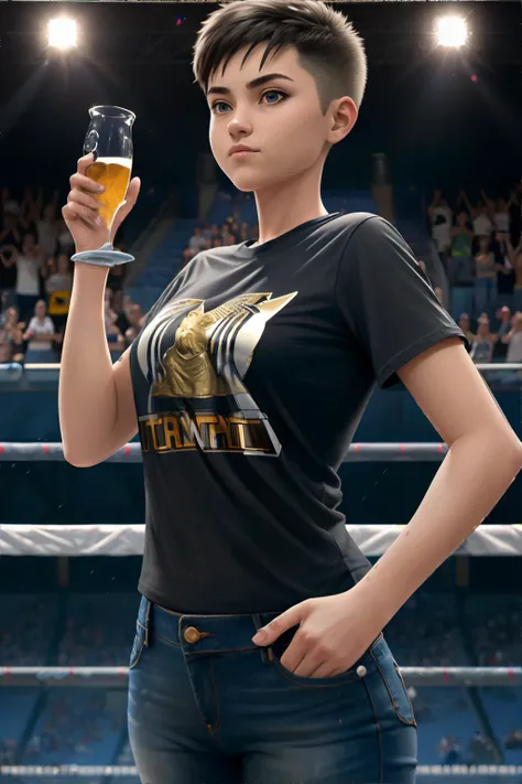<lora:tomboy:1.0> tomboy woman, t-shirt, jeans, short hair, tournament victory stand, elevated platform, cheers of triumph, honors bestowed upon champions, masterpiece, 8k, high resolution, shallow depth of field, sharp focus