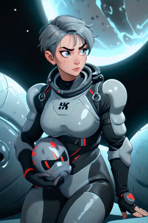 <lora:tomboy:1.0> tomboy woman, short charcoal gray hair, wearing Wearing a lightweight inflatable spacesuit: compact inflatable armor, mobility ease, flexible, protective., masterpiece, 8k, high resolution, shallow depth of field, sharp focus
