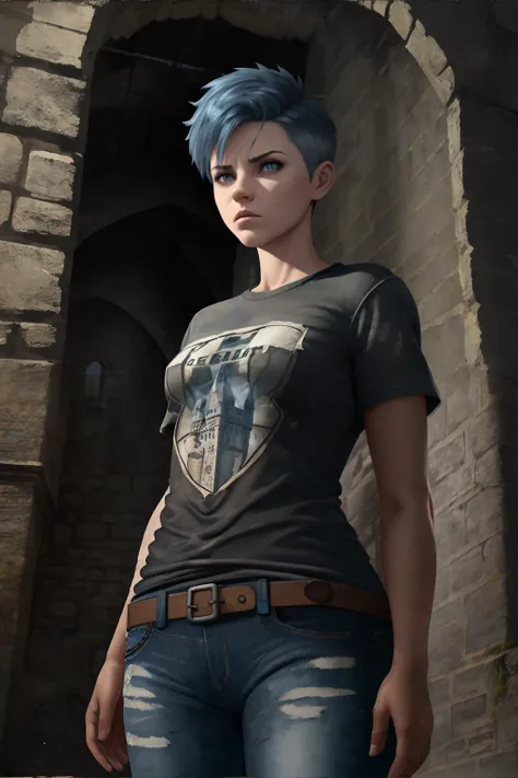 <lora:tomboy:1.0> tomboy woman, t-shirt, jeans, short hair, castle tower prison, cold and damp cells, iron shackles, the echoes of past injustices, masterpiece, 8k, high resolution, shallow depth of field, sharp focus