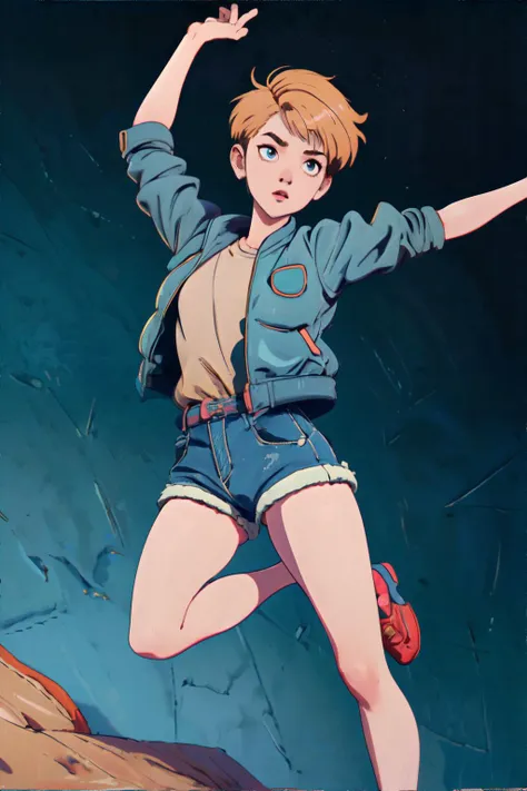 <lora:tomboy:1.0> tomboy woman, short hair, wearing Quilted Jacket, Jumping with arms extended and legs tucked in., masterpiece, 8k, high resolution, shallow depth of field, sharp focus