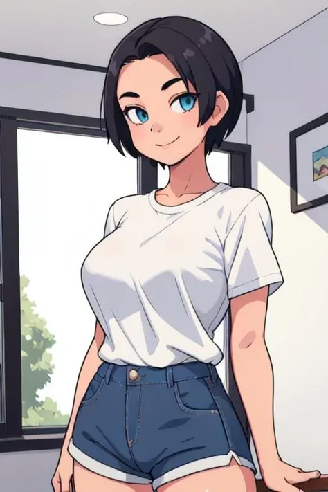 1girl, solo, (tomboy:1.2), (upper body:1.2), standing, short hair, looking at viewer, smile, closed mouth, large breasts, white shirt, shorts, denim, indoors,
<lora:Tomboy-3000-12repeats:1>