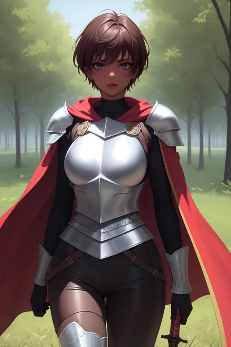 (highres, high quality:1.3), retro artstyle, berserk, intricate details, vibrant image, sharpness, colorful,
casca \(berserk\), dark-skinned female, dark skin, 1girl, solo, standing, holding sword, (sheathed:1.1), looking at viewer, cowboy shot, sky blackground, grass, trees,
sad, brown hair, short hair, lipstick, makeup, brown eyes, perfect eyes, detailed eyes, detailed hair,
red cape, pauldrons, shoulder armor, breastplate, cuirass, brown shirt, long sleeves, leather gloves, leather pants,
<lora:Tomboy-3000-12repeats:0.8>