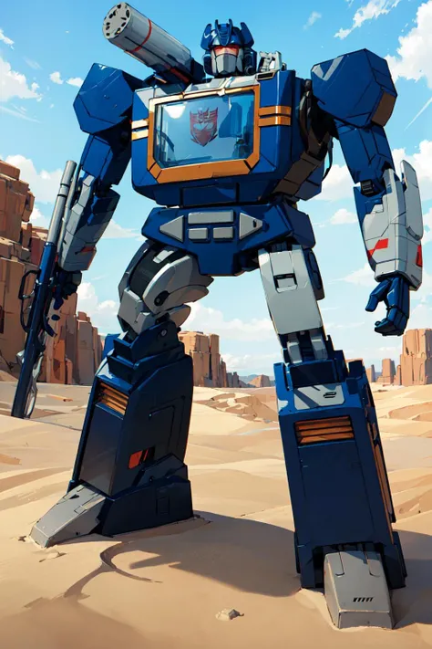 masterpiece, highres, standing, nightime, full body, no human face, no humans, blue eyes, mecha, solo, detailed manga illustration, volumetric lighting, best quality, intricate details ,<lora:SoundWave1.2:1> , Metallic skin,from above,in desert, wide shot, fix thumb
