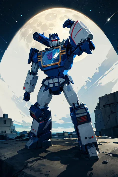 masterpiece, highres, standing, nightime, full body, no human face, no humans, blue eyes, mecha, solo, detailed manga illustration, volumetric lighting, best quality, intricate details ,<lora:SoundWave1.2:1> , Metallic skin,from above,in moon, wide shot, fix thumb,fighting stance,