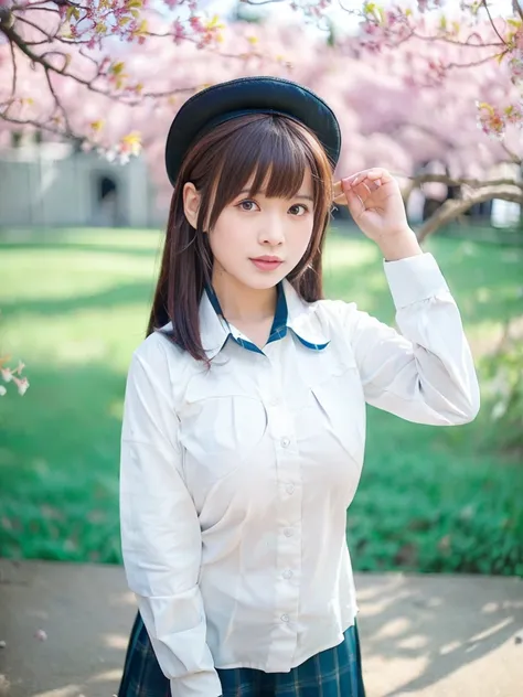 masterpiece, best quality,(realistic, photo-realistic:1.37), Suyu, 1girl, solo, school uniform, hat, cherry blossoms, brown hair, serafuku, brown eyes,