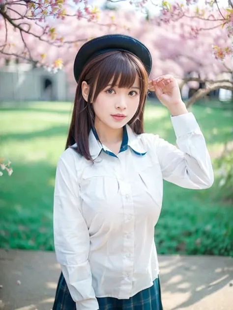 masterpiece, best quality,(realistic, photo-realistic:1.37), Suyu, 1girl, solo, school uniform, hat, cherry blossoms, brown hair, serafuku, brown eyes,
