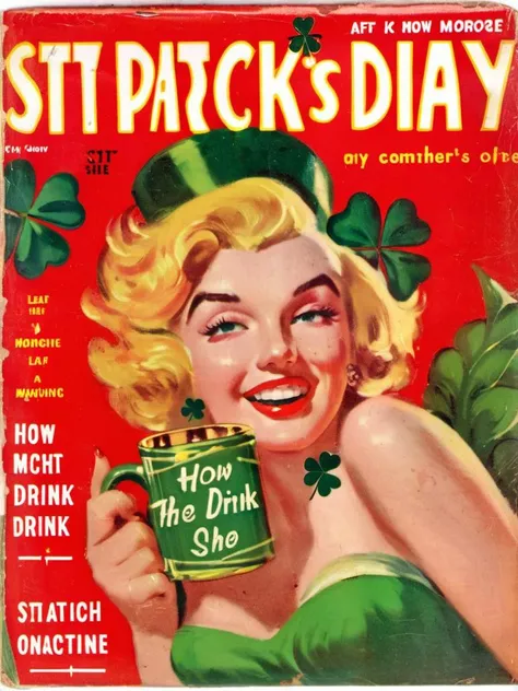 A pulp magazine cover, Marilyn Monroe, leaf clovers, with a title saying "st.Patrick's Day - How much she can drink", <lora:SDXL-VintageMagStyle-Lora:1> VintageMagStyle