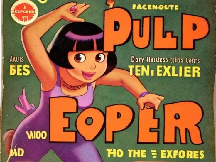 A pulp cover poster featuring dora the explorer VintageMagStyle <lora:SDXL-VintageMagStyle-Lora:1>