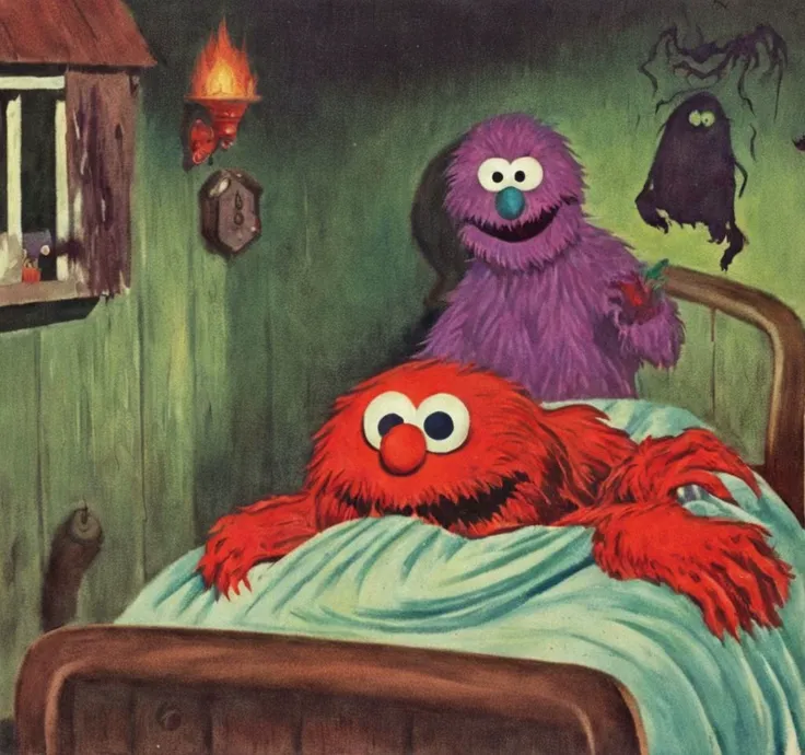 A horror illustration of a Nightmare in Elmo's street VintageMagStyle <lora:SDXL-VintageMagStyle-Lora:1>