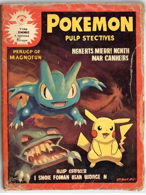 Pokemon pulp cover VintageMagStyle <lora:SDXL-VintageMagStyle-Lora:1>