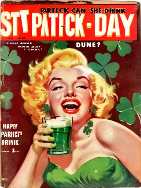 A pulp magazine cover, Marilyn Monroe, leaf clovers, with a title saying "st.Patrick's Day - How much she can drink", <lora:SDXL-VintageMagStyle-Lora:1> VintageMagStyle