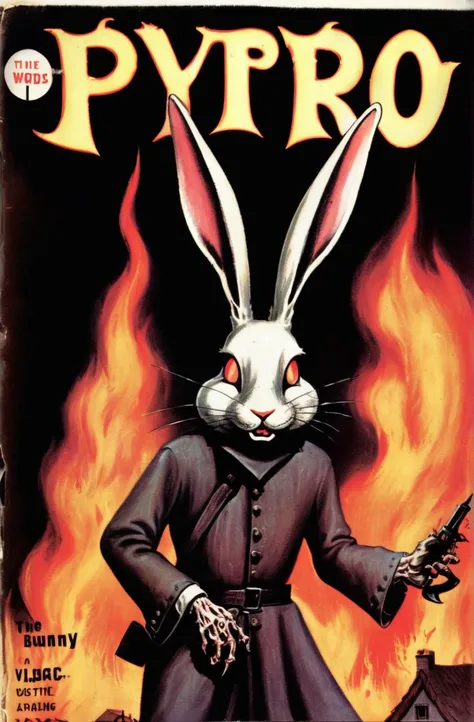 the words "PYRO BUNNY" is the title of the vintage magazine, "Village of the Burned" is the subheading, a disgusting monster rabbit with big ears that has a body made of tentacles, dark and disturbing, gruesome, terrifying, skeletal, empty eye sockets, tentacles, (HR Giger style:0.6) a medieval village in the background is on fire, <lora:SDXL-VintageMagStyle-Lora:1>