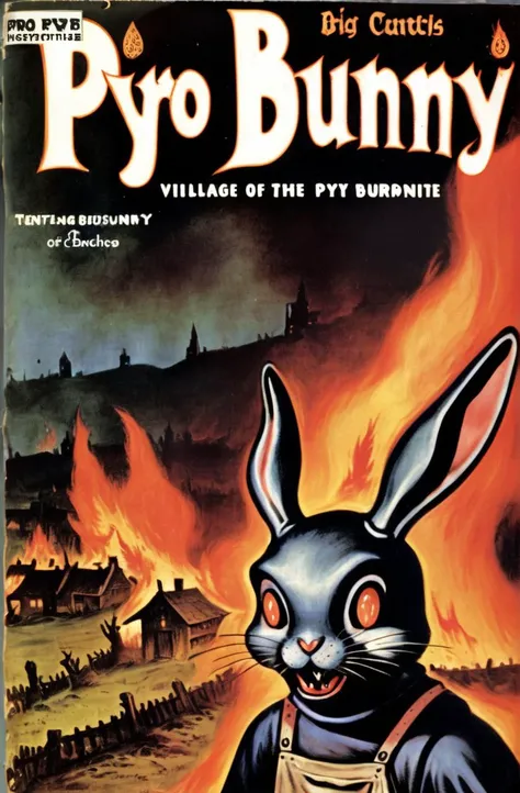 the words "PYRO BUNNY" is the title of the vintage magazine, "Village of the Burned" is the subheading, a disgusting monster rabbit with big ears that has a body made of tentacles, dark and disturbing, gruesome, terrifying, skeletal, empty eye sockets, tentacles, (HR Giger style:0.6) a medieval village in the background is on fire, <lora:SDXL-VintageMagStyle-Lora:1>