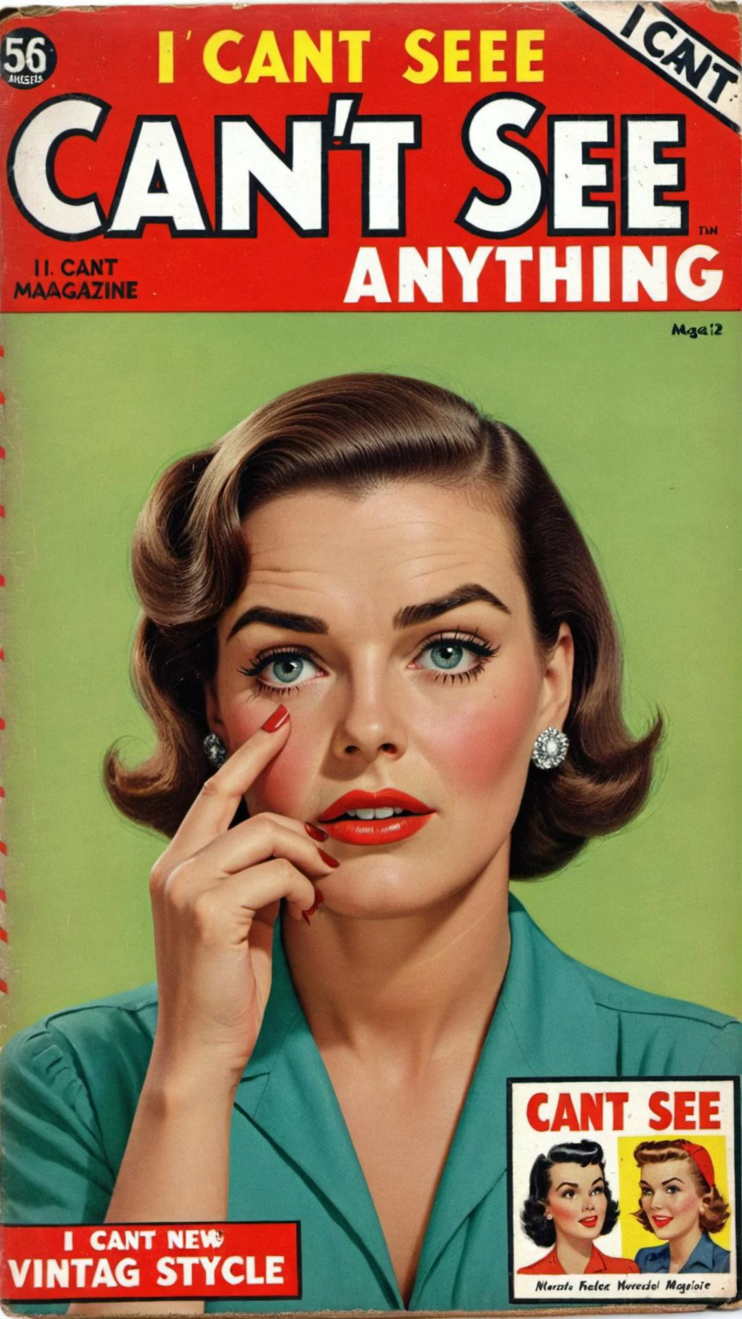Vintage Magazine Style, "I cant see anything" <lora:SDXL-VintageMagStyle-Lora:0.8> VintageMagStyle