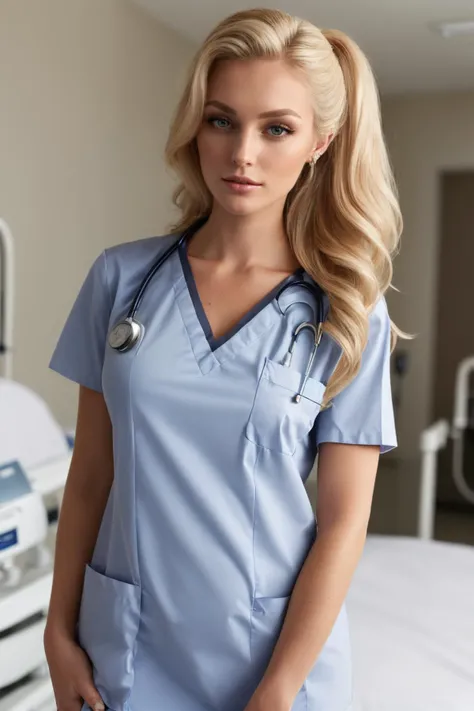 (nurse in a hospital:1.2), (wearing hospital clothes),<lora:naughty_to_nice:-1>, <lora:weight_slider_v2:-0.2> ,(30-year- old norwegian beautiful slender petite woman supermodel),(wide jaw sharp jawline),(long wavy thick blonde hair), (perfect oval large eyes that gazes at the viewer), beautiful detailed face, hazel eyes, (blonde hair ponytail), (attractive young woman:1.3), (thick amazing hair), (seductive:1.1), (blushing:1.1)