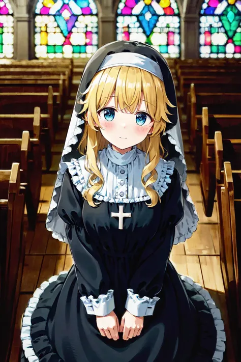 8k, highres, masterpiece, ultra-detailed, (high detail:1.1), 1girl, (huge breasts:1.05), (blonde hair, long hair, wavy hair:1.15), blue eyes, kneeling, looking up, upper body, from above, (church), (nun:1.1), stained glass window, holy, cross, <lora:naughty_to_nice_v2.5_000000720:5>