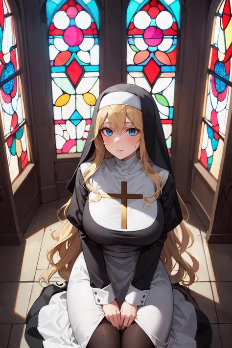 8k, highres, masterpiece, ultra-detailed, (high detail:1.1), 1girl, (huge breasts:1.05), (blonde hair, long hair, wavy hair:1.15), blue eyes, kneeling, looking up, upper body, from above, (church), (nun:1.1), stained glass window, holy, cross, <lora:naughty_to_nice_v2.5_000000720:0>