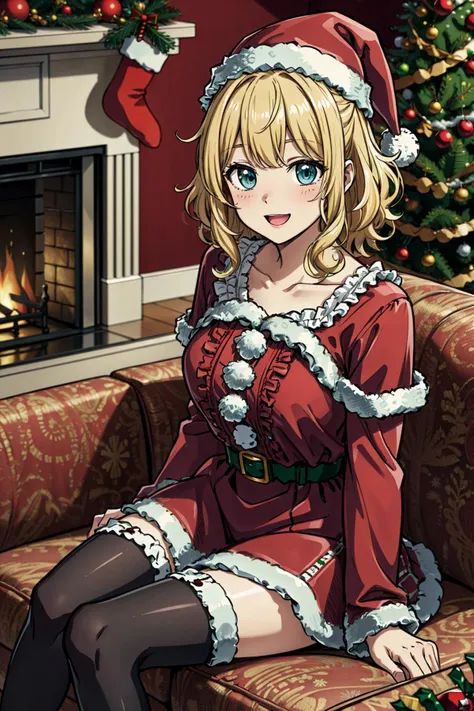 beautiful, linework, thick outlines, strong shadows,<lora:detail_slider_v4:2.5>, (detailed background:0.9), (detailed face:0.9), anime, 1girl, blonde hair, curly hair, medium hair, (blue:0.9) eyes, (santa outfit:1.15), santa hat, large breasts, cozy living room, stockings, christmas tree, (fireplace:0.95), (presents:0.85), (couch:1.1), christmas theme, (red and green), (freckles:0.72), (smile:0.8), <lora:naughty_to_nice_v2.5:4>