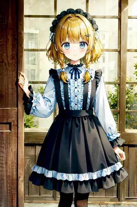 ultra detailed, masterpiece, best quality, cowboy shot, facing viewer, soft smile, light smile, 
1girl, blue eyes, very long hair, blonde hair, long blonde hair, french braid, bangs, medium breasts,
hair ribbon, frilled choker, criss-cross halter, sleeveless dress, high-waist skirt, backless dress, waist bow, detached sleeves, frilled sleeves, wide sleeves, pantyhose, patterned legwear, mary janes,  <lora:naughty_to_nice_v2.5:5>