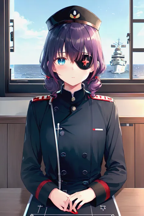 8k, highres, masterpiece, ultra-detailed, (high detail:1.1), 1girl, (purple hair:1.1), curly hair, ponytail, medium hair, (sky blue eyes:1.1), military hat, (red and black military uniform:1.45), (adult:1.25), (facing viewer:1.15), eyepatch, naval office, (sitting in admiral chair:1.1), (battleship:1.25), window, (portrait:1.2), (upper body:1.1), <lora:naughty_to_nice_v3:4>