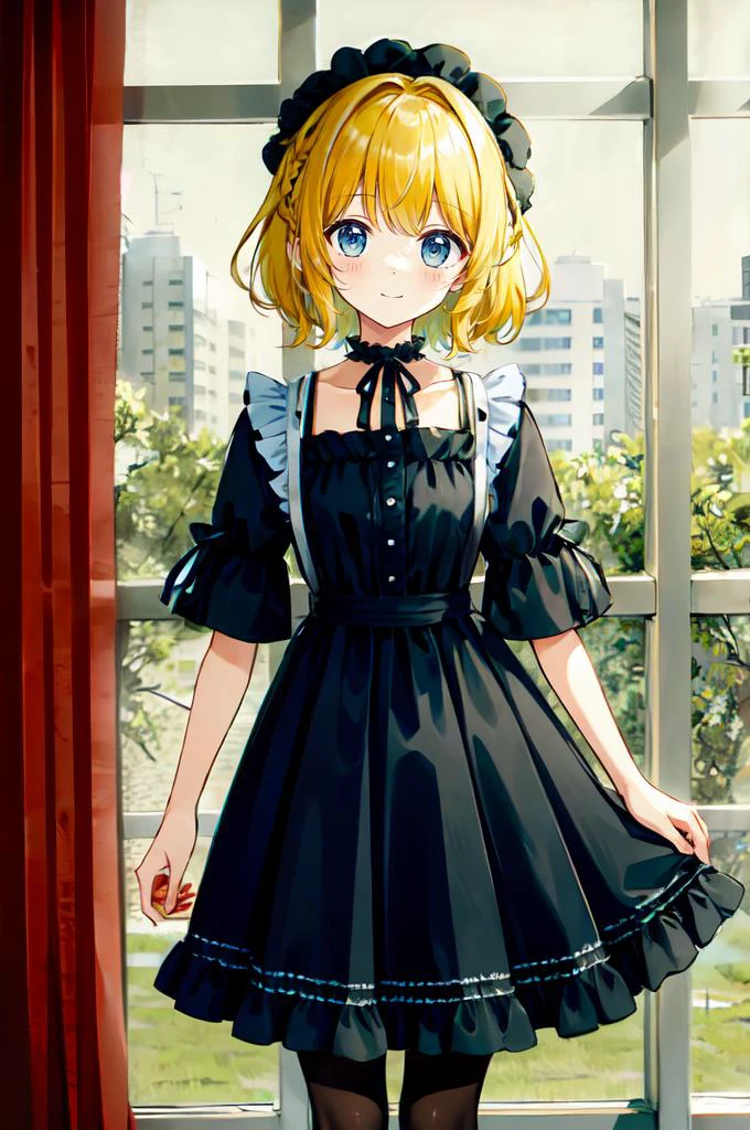 ultra detailed, masterpiece, best quality, cowboy shot, facing viewer, soft smile, light smile,
1girl, blue eyes, very long hair, blonde hair, long blonde hair, french braid, bangs, medium breasts,
hair ribbon, frilled choker, criss-cross halter, sleeveless dress, high-waist skirt, backless dress, waist bow, detached sleeves, frilled sleeves, wide sleeves, pantyhose, patterned legwear, mary janes, <lora:naughty_to_nice_v2.5:4>
