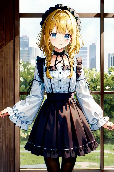 ultra detailed, masterpiece, best quality, cowboy shot, facing viewer, soft smile, light smile, 
1girl, blue eyes, very long hair, blonde hair, long blonde hair, french braid, bangs, medium breasts,
hair ribbon, frilled choker, criss-cross halter, sleeveless dress, high-waist skirt, backless dress, waist bow, detached sleeves, frilled sleeves, wide sleeves, pantyhose, patterned legwear, mary janes,  <lora:naughty_to_nice_v2.5:3>