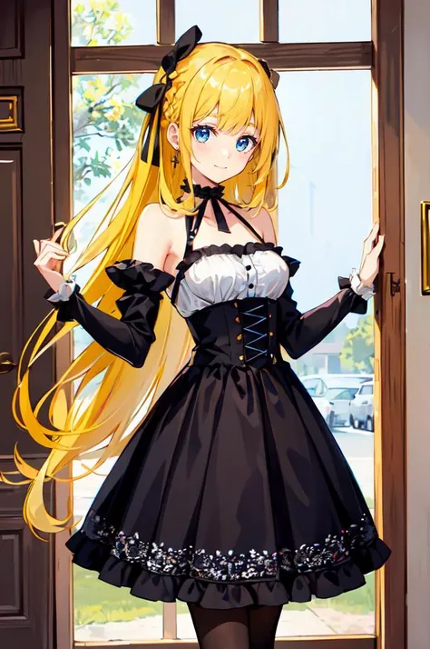 ultra detailed, masterpiece, best quality, cowboy shot, facing viewer, soft smile, light smile, 
1girl, blue eyes, very long hair, blonde hair, long blonde hair, french braid, bangs, medium breasts,
hair ribbon, frilled choker, criss-cross halter, sleeveless dress, high-waist skirt, backless dress, waist bow, detached sleeves, frilled sleeves, wide sleeves, pantyhose, patterned legwear, mary janes,  <lora:naughty_to_nice_v2.5:1>