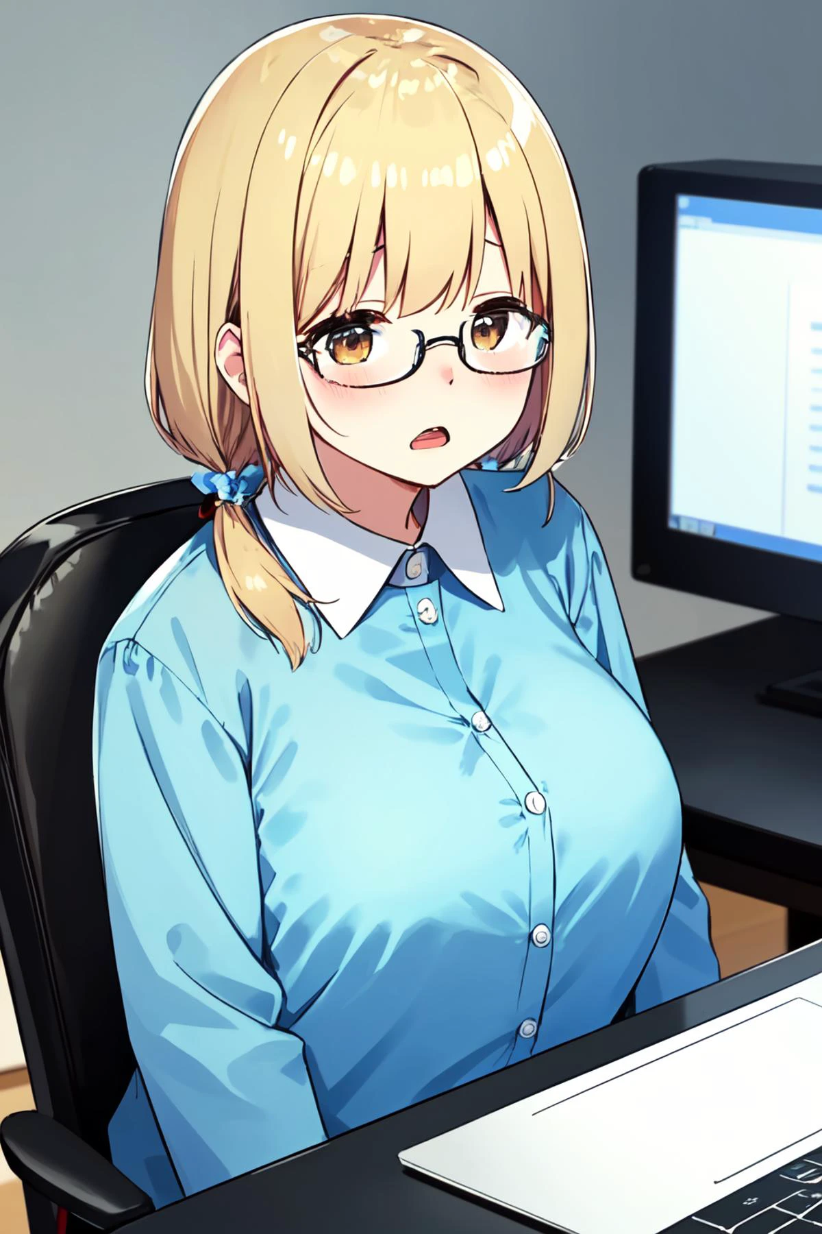 8k, highres, masterpiece, ultra-detailed, (high detail:1.1), 1girl, blonde hair, brown eyes, straight bangs, (white button up:1.2), sitting behind desk, (huge breasts:0.9), blue jacket off shoulder, (plump:1.1), cleavage, teasing, (earrings:0.85), (lipstick:0.7), working at computer, (professional attire:1.1), portrait, upper body, open mouth, glasses, <lora:naughty_to_nice_v3:4>