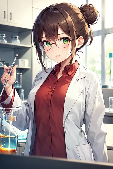 beautiful, linework, thick outlines, strong shadows, (detailed background:0.9), (detailed face:0.9), 1girl, (small breasts:1.2), brown hair, hair bun, green eyes, upper body, laboratory, (lab coat:1.35), scientist, glasses, <lora:naughty_to_nice_v3:0>