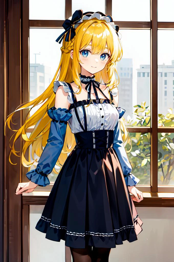 ultra detailed, masterpiece, best quality, cowboy shot, facing viewer, soft smile, light smile,
1girl, blue eyes, very long hair, blonde hair, long blonde hair, french braid, bangs, medium breasts,
hair ribbon, frilled choker, criss-cross halter, sleeveless dress, high-waist skirt, backless dress, waist bow, detached sleeves, frilled sleeves, wide sleeves, pantyhose, patterned legwear, mary janes, <lora:naughty_to_nice_v2.5:2>