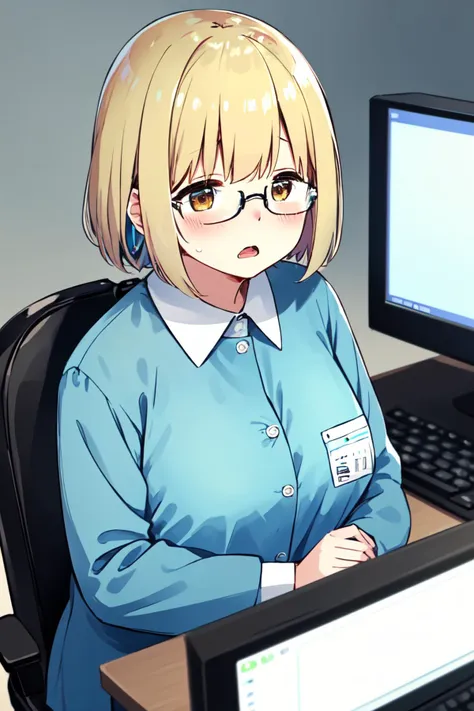 8k, highres, masterpiece, ultra-detailed, (high detail:1.1), 1girl, blonde hair, brown eyes, straight bangs, (white button up:1.2), sitting behind desk, (huge breasts:0.9), blue jacket off shoulder, (plump:1.1), cleavage, teasing, (earrings:0.85), (lipstick:0.7), working at computer, (professional attire:1.1), portrait, upper body, open mouth, glasses, <lora:naughty_to_nice_v3:5>