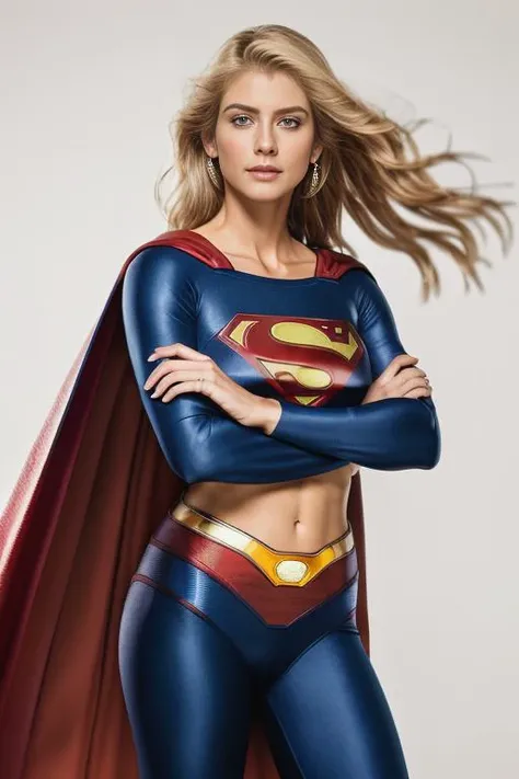 <lora:h3l3nsl4t3r:0.9>, a Realistic photo of h3l3nsl4t3r woman with blue eyes and blonde Hair style, looking at viewer, blue eyes, blonde hair, simple background, white background, cape, lips, bodysuit, crossed arms, realistic, superhero, soft lighting, professional Photography, Photorealistic, detailed eyes, RAW, analog, sharp focus, 8k, HD, DSLR, high quality, Fujifilm XT3, film grain, award winning, masterpiece